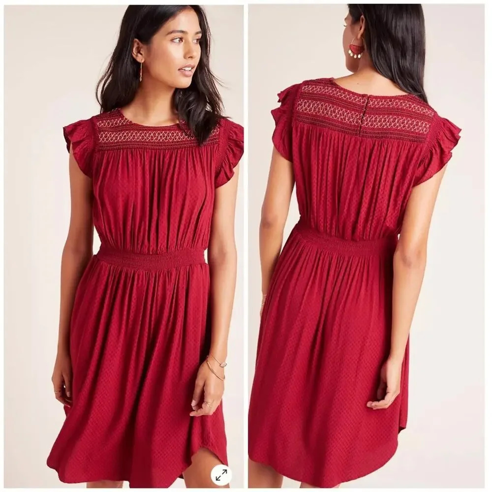ANTHROPOLOGIE DOLAN Tansy Burgundy Maroon Smocked Midi Dress Sz. XS